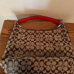 Coach Tan and Red Signature Shoulder Bag